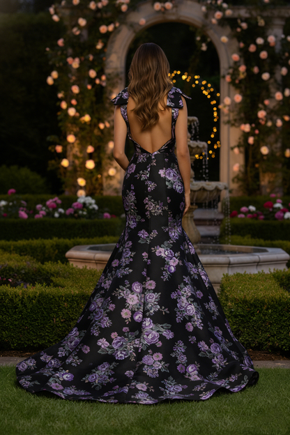 Luxury Mermaid Prom Dresses with Purple Floral Print on Red Satin | Sevoba