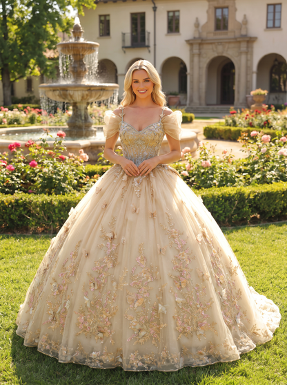 Elegant Ball Gown Cold Shoulder Quinceañera Dress With Floral Embroidery and 3D Butterfly | Sevoba