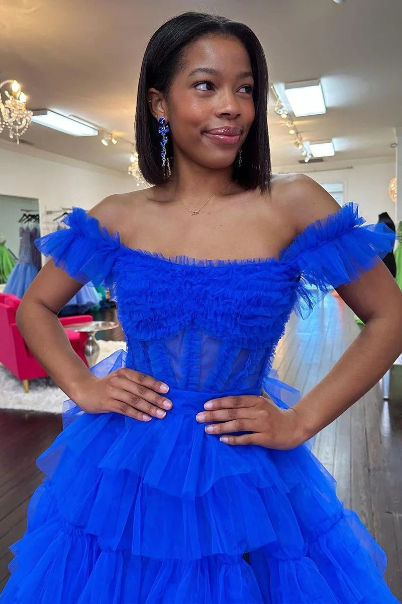 Royal Blue Off the Shoulder Ruffle Tiered Tulle Long Prom Dresses with Slit