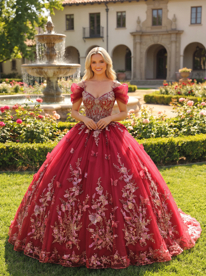 Elegant Ball Gown Cold Shoulder Quinceañera Dress With Floral Embroidery and 3D Butterfly | Sevoba