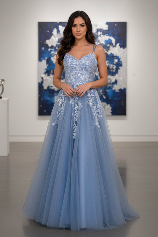 Sevoba dusty blue glitter tulle A-line prom dress featuring white leaf lace appliqués and double spaghetti straps, front view in art gallery setting
