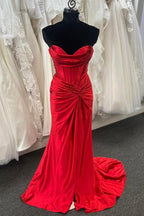 Nadia |Mermaid Strapless Satin Long Prom Dress With Slit