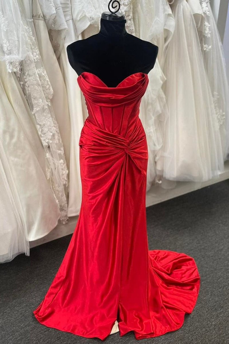 Nadia |Mermaid Strapless Satin Long Prom Dress With Slit