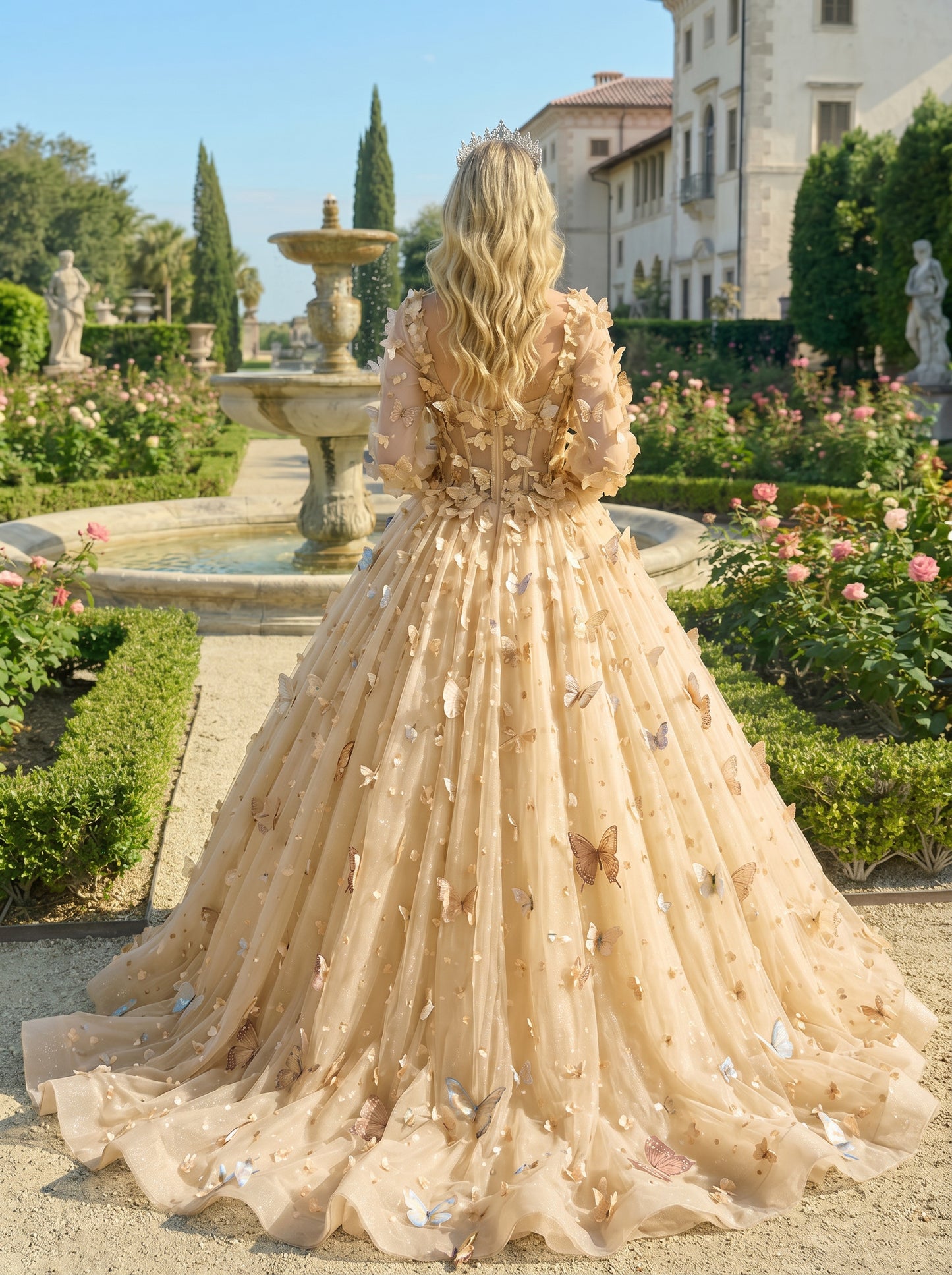 Charming Ball Gown Illusion Long Sleeves Quinceañera Dress With 3D Butterfly | Sevoba