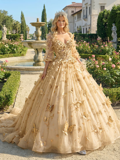 Charming Ball Gown Illusion Long Sleeves Quinceañera Dress With 3D Butterfly | Sevoba