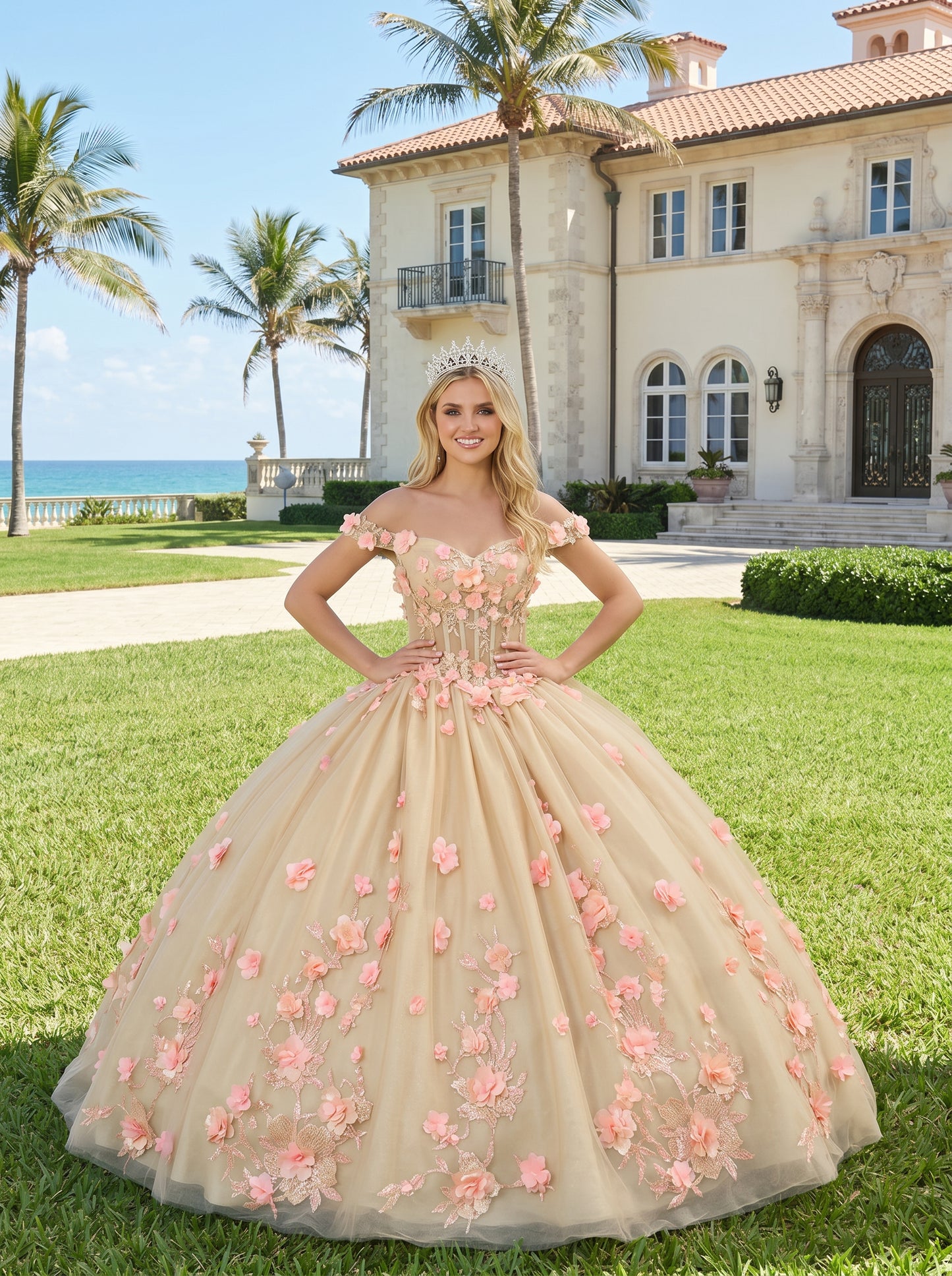Charming Ball Gown Illusion Neck Quinceañera Dress With 3D Floral & Lace | Sevoba