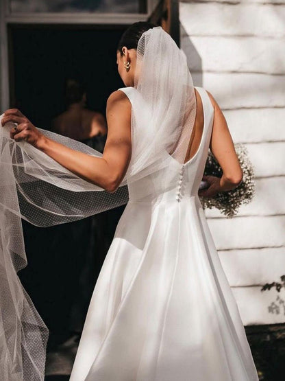 Sevoba|Simple A-Line Square Neck White Satin Wedding Dresses