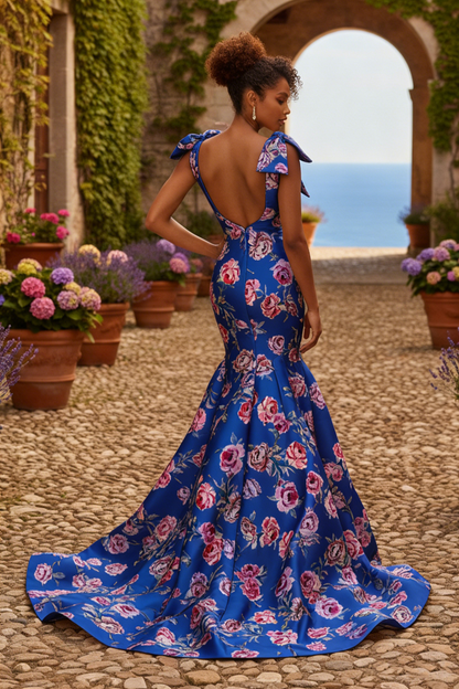 Luxury Deep V-Neck Mermaid Prom Dresses with Pink Floral Print | Sevoba