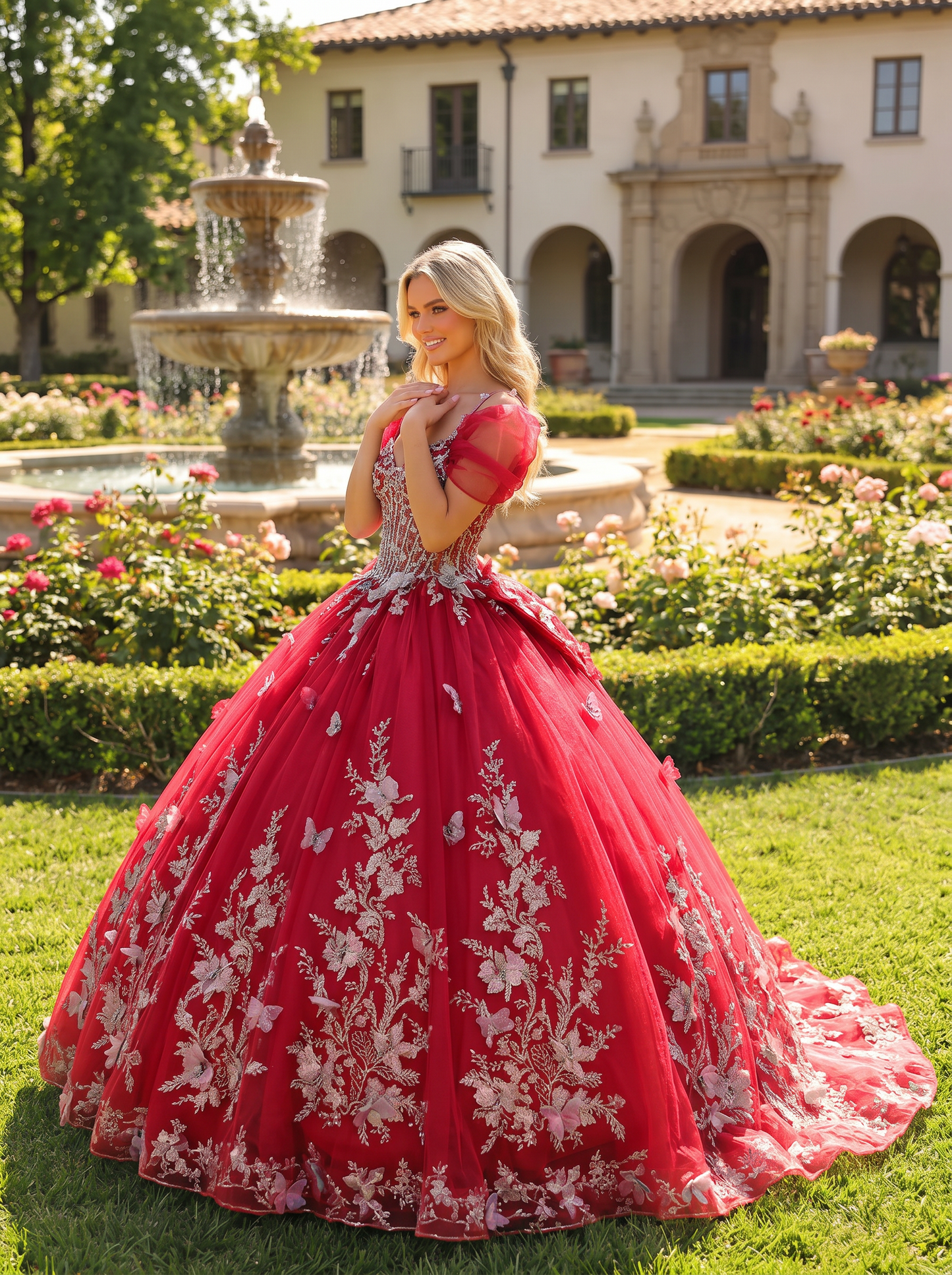 Elegant Ball Gown Cold Shoulder Quinceañera Dress With Floral Embroidery and 3D Butterfly | Sevoba