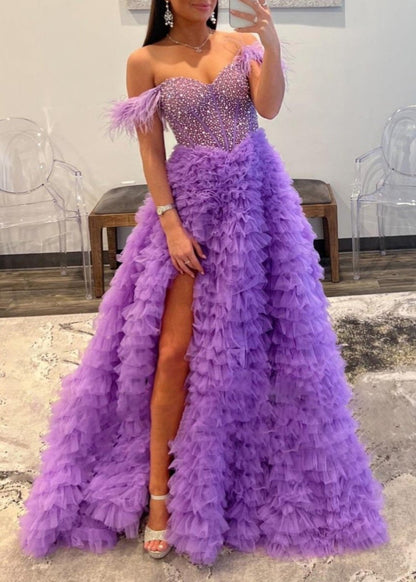 A Line Off the Shoulder Tiered Tulle Prom Dress With Slit