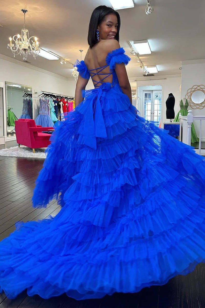 Royal Blue Off the Shoulder Ruffle Tiered Tulle Long Prom Dresses with Slit