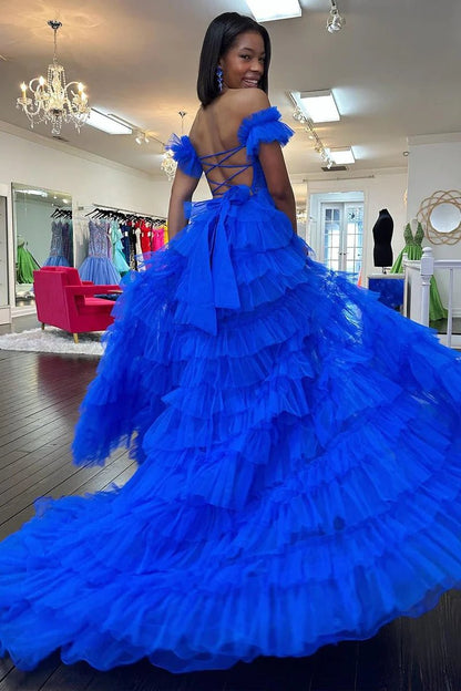 Royal Blue Off the Shoulder Ruffle Tiered Tulle Long Prom Dresses with Slit