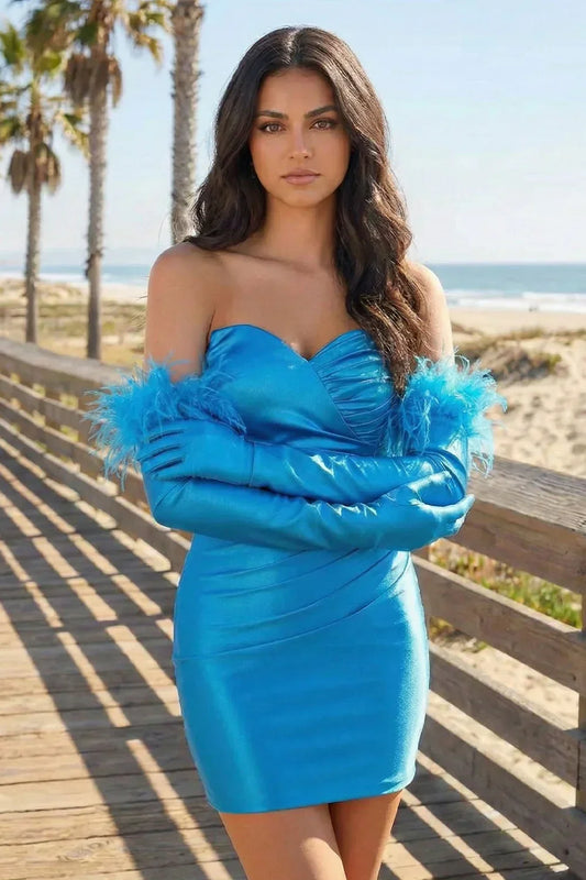 Sheath Satin Strapless Fitted Homecoming Dress with Feathers Long Sleeves | Sevoba