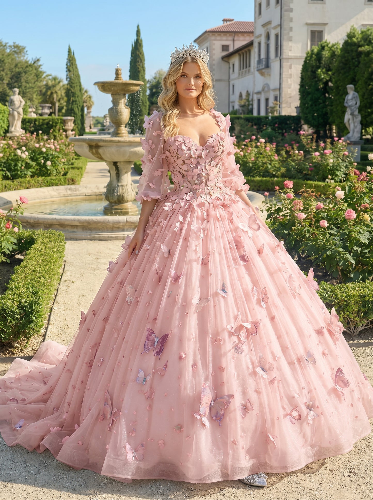 Charming Ball Gown Illusion Long Sleeves Quinceañera Dress With 3D Butterfly | Sevoba