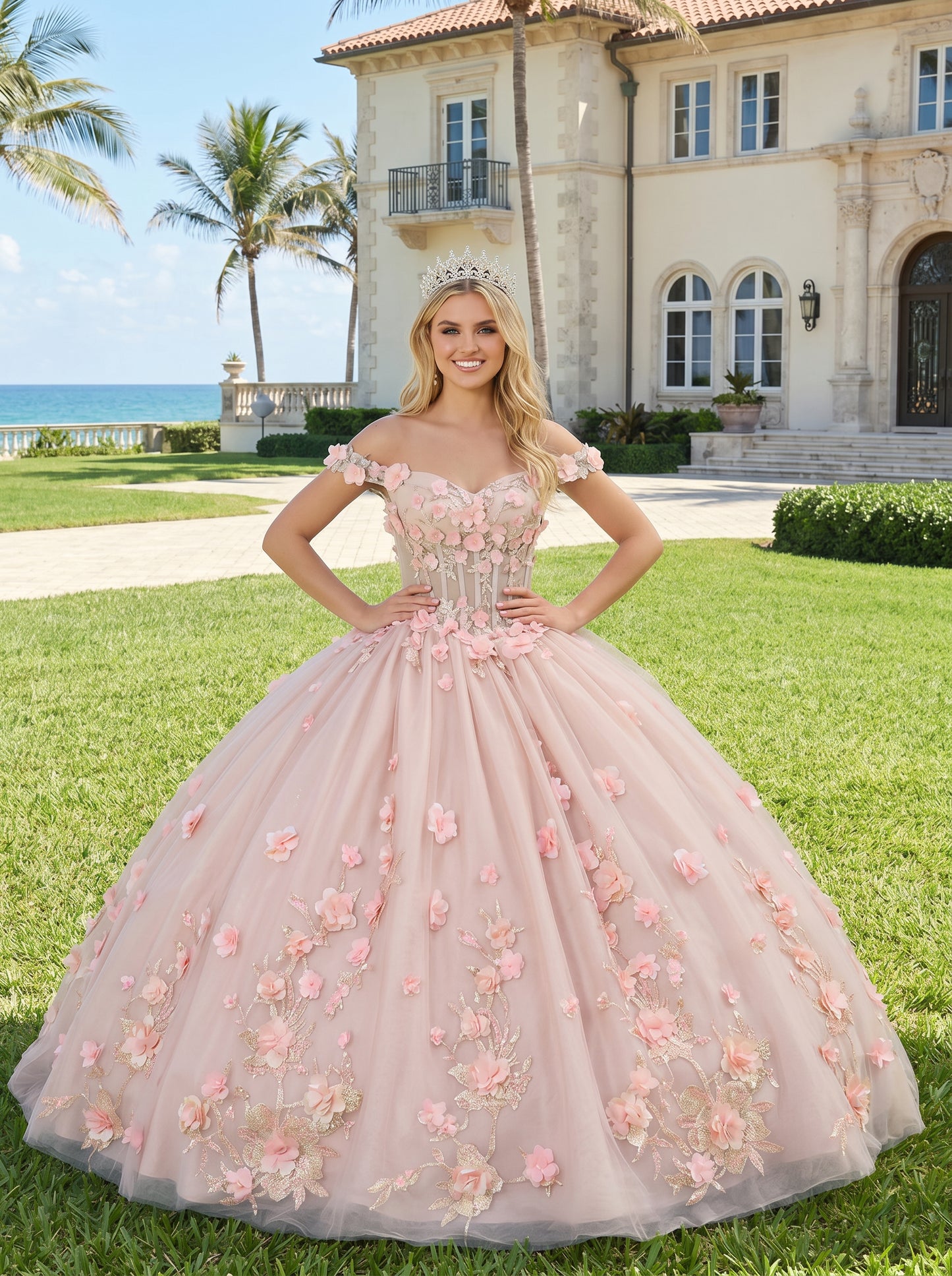 Charming Ball Gown Illusion Neck Quinceañera Dress With 3D Floral & Lace | Sevoba