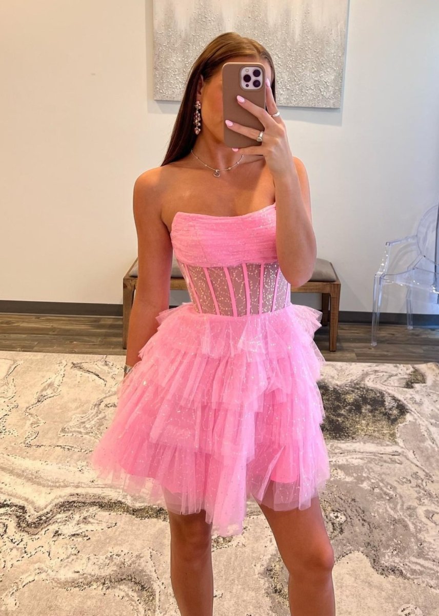 Black Sparkly Strapless Multi-Layers Tulle Homecoming Dress