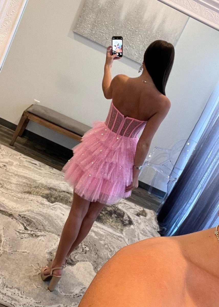 Black Sparkly Strapless Multi-Layers Tulle Homecoming Dress