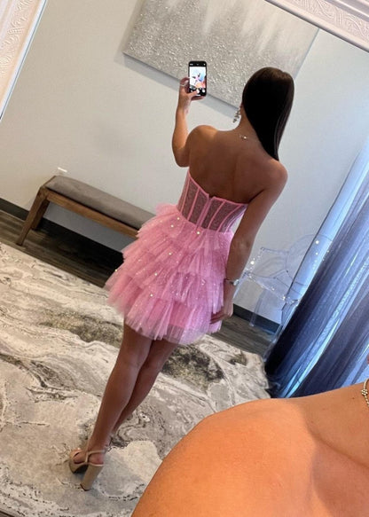 Black Sparkly Strapless Multi-Layers Tulle Homecoming Dress