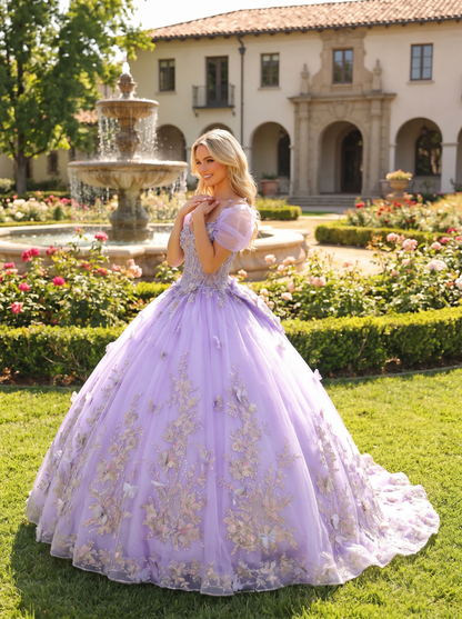 Elegant Ball Gown Cold Shoulder Quinceañera Dress With Floral Embroidery and 3D Butterfly | Sevoba