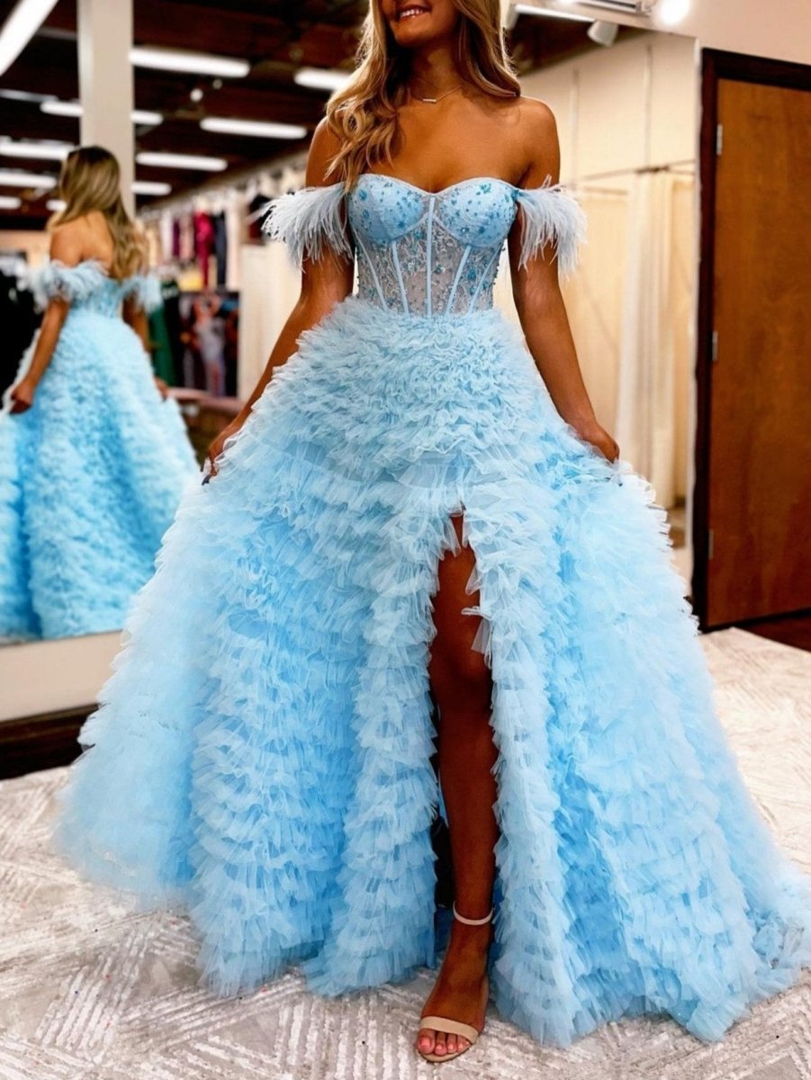 Sevoba|A Line Sweetheart Tiered Tulle Long Prom Dress With Slit