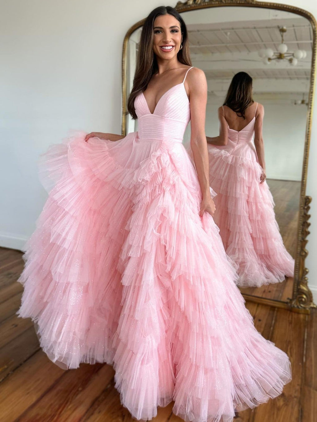 Sevoba | Light Pink A-Line Tiered Spaghetti Straps Tulle Prom Dress