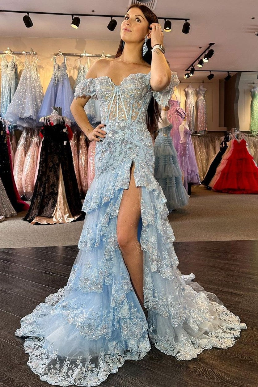 Sevoba|Red Sequin-Embroidery Off-the-Shoulder Tiered Long Prom Dress with Slit