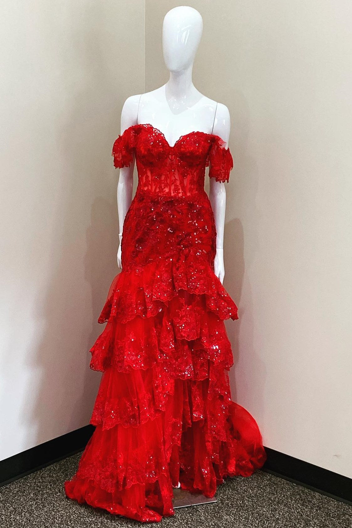Sevoba|Red Sequin-Embroidery Off-the-Shoulder Tiered Long Prom Dress with Slit