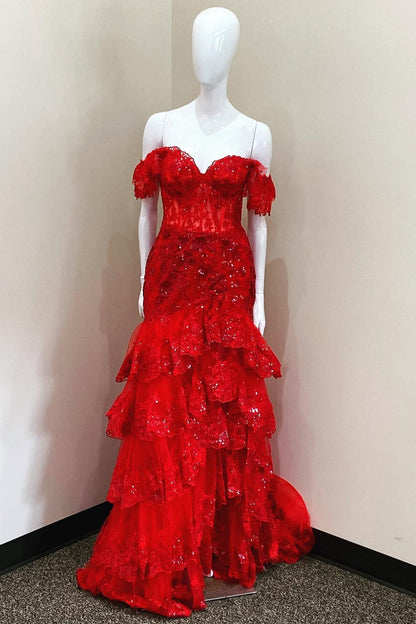 Sevoba|Red Sequin-Embroidery Off-the-Shoulder Tiered Long Prom Dress with Slit