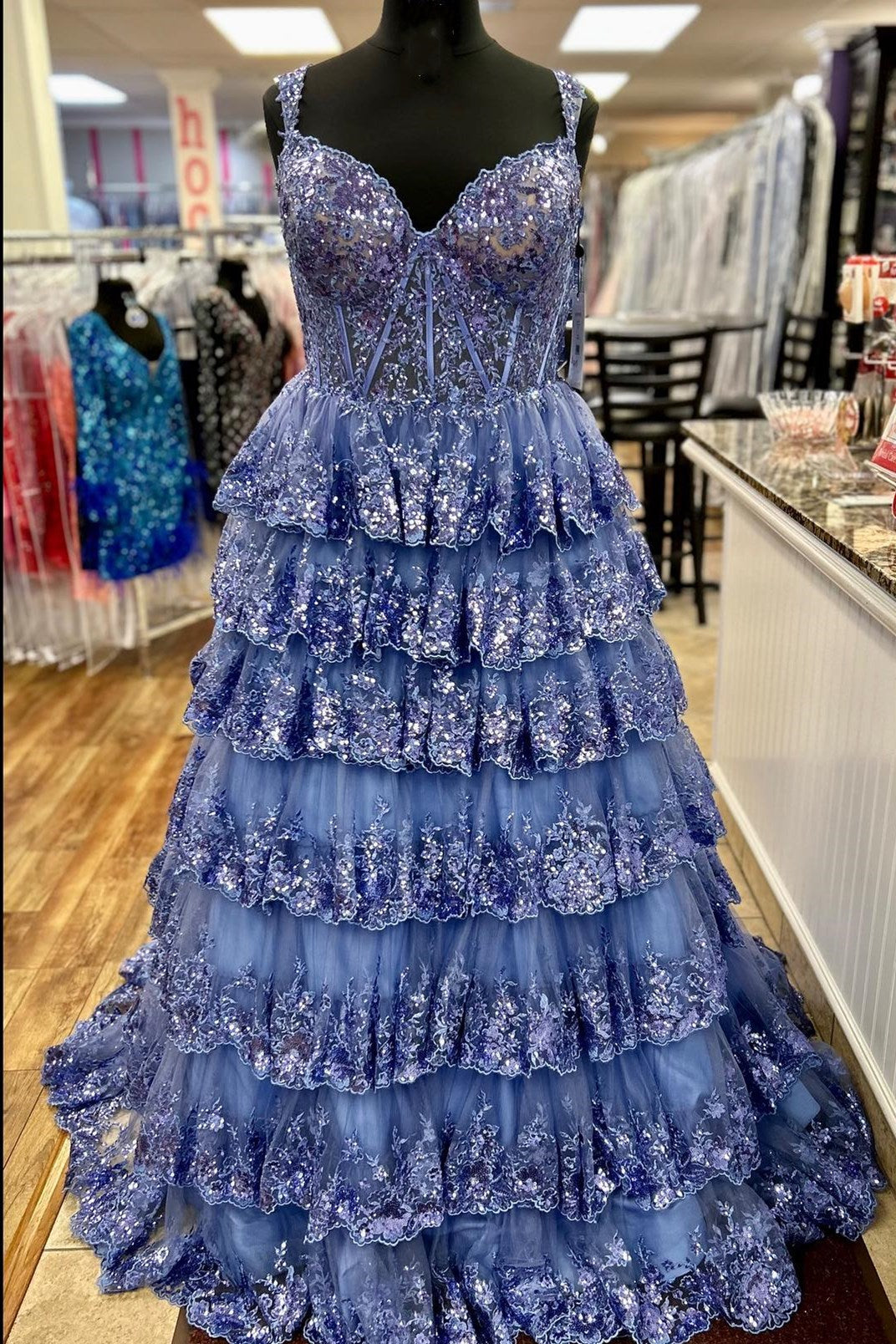 Sevoba|Off-the-Shoulder Gold Sequin Lace Ruffle Multi-Layer Long Prom Dress
