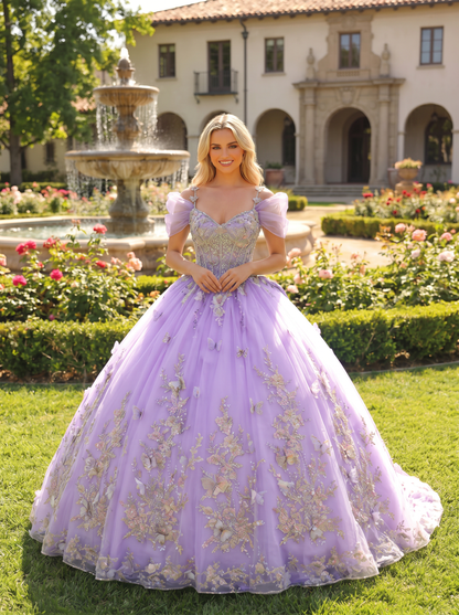 Elegant Ball Gown Cold Shoulder Quinceañera Dress With Floral Embroidery and 3D Butterfly | Sevoba