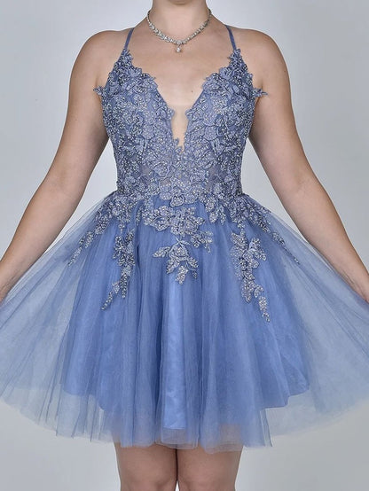 Anya | A Line Applique BlushTulle Short Homecoming Dress