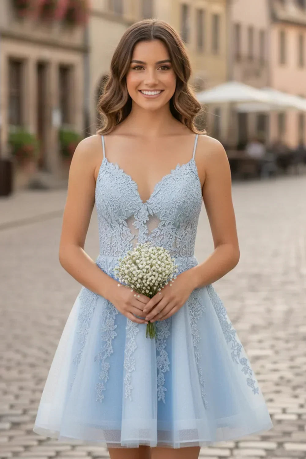 Woman in light blue A-line spaghetti strap lace homecoming dress holding small bouquet