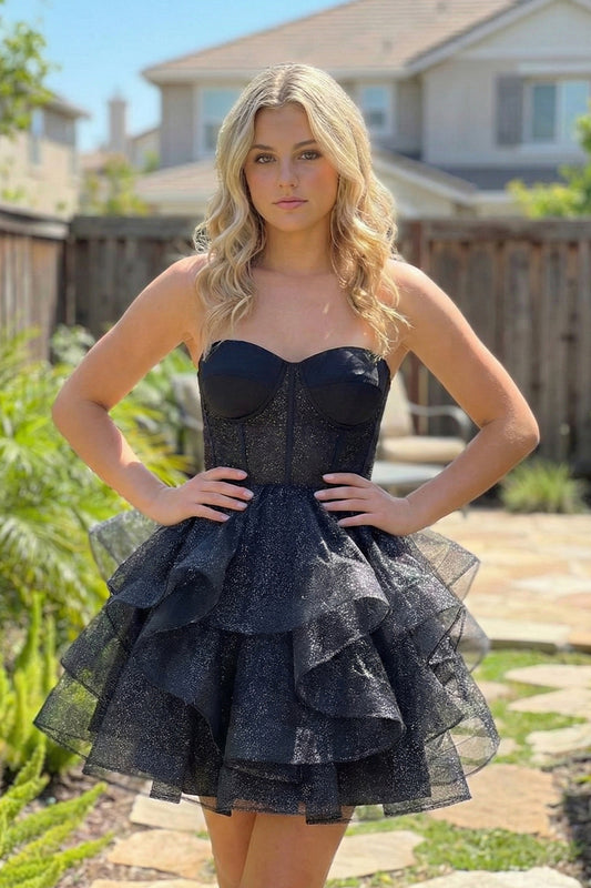 A-Line Sparkle Tulle Short Homecoming Dress with Ruffles | Sevoba