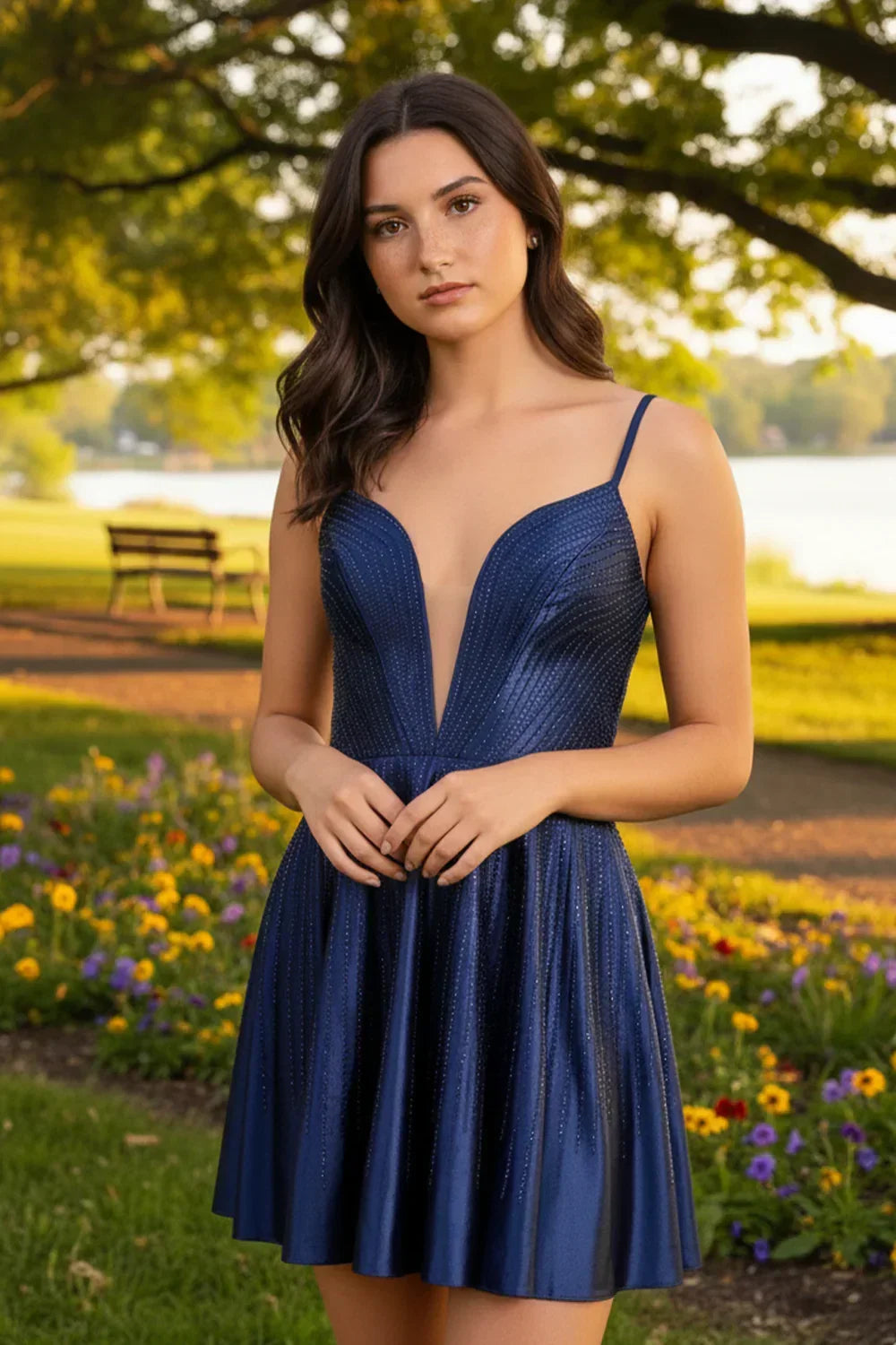Woman in a navy blue A-line beaded homecoming dress with deep V neckline outdoors