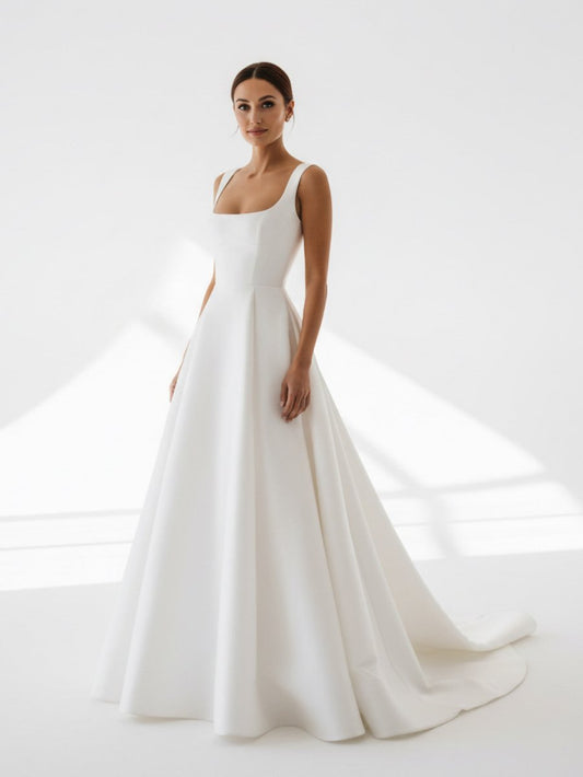 Sevoba|Simple A-Line Square Neck White Satin Wedding Dresses