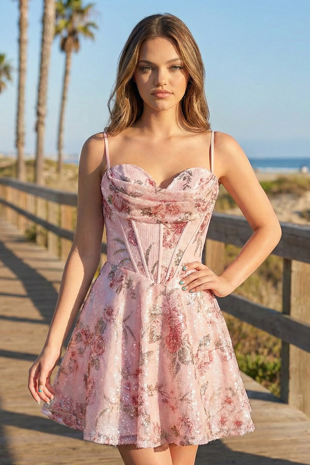 A Line Floral Pattern Corset Homecoming Dresses with Spaghetti Strap | Sevoba