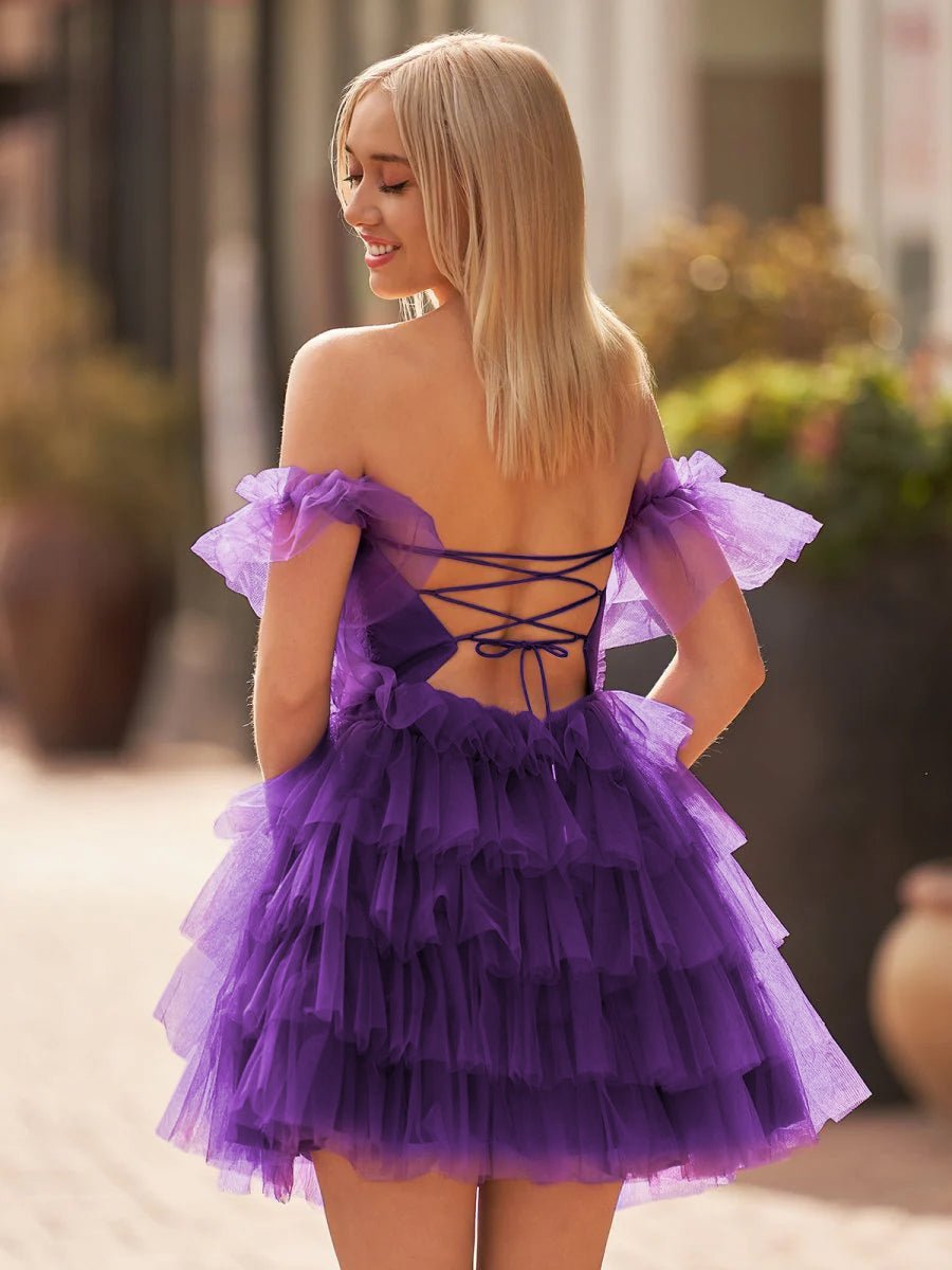 Sevoba|A Line Purple Off-the-Shoulder Lace-Up Ruffle Tiered Homecoming Dress