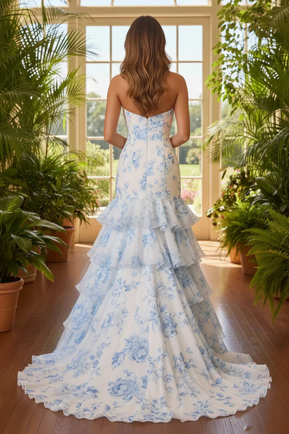 Woman in strapless blue floral print chiffon prom dress with tiered ruffle skirt, standing indoors