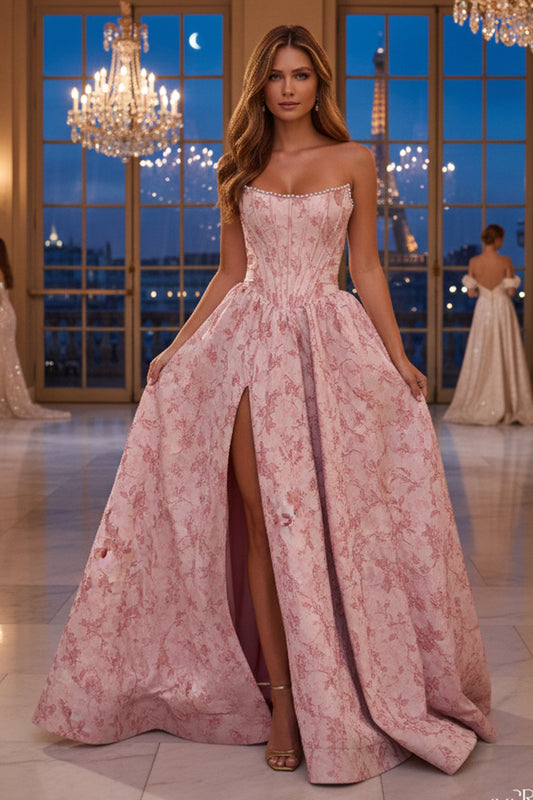 A Line Strapless Corset Prom Dress Jacquard Fabric with Delicate Pearl Trim and Floral Patterns | Sevoba