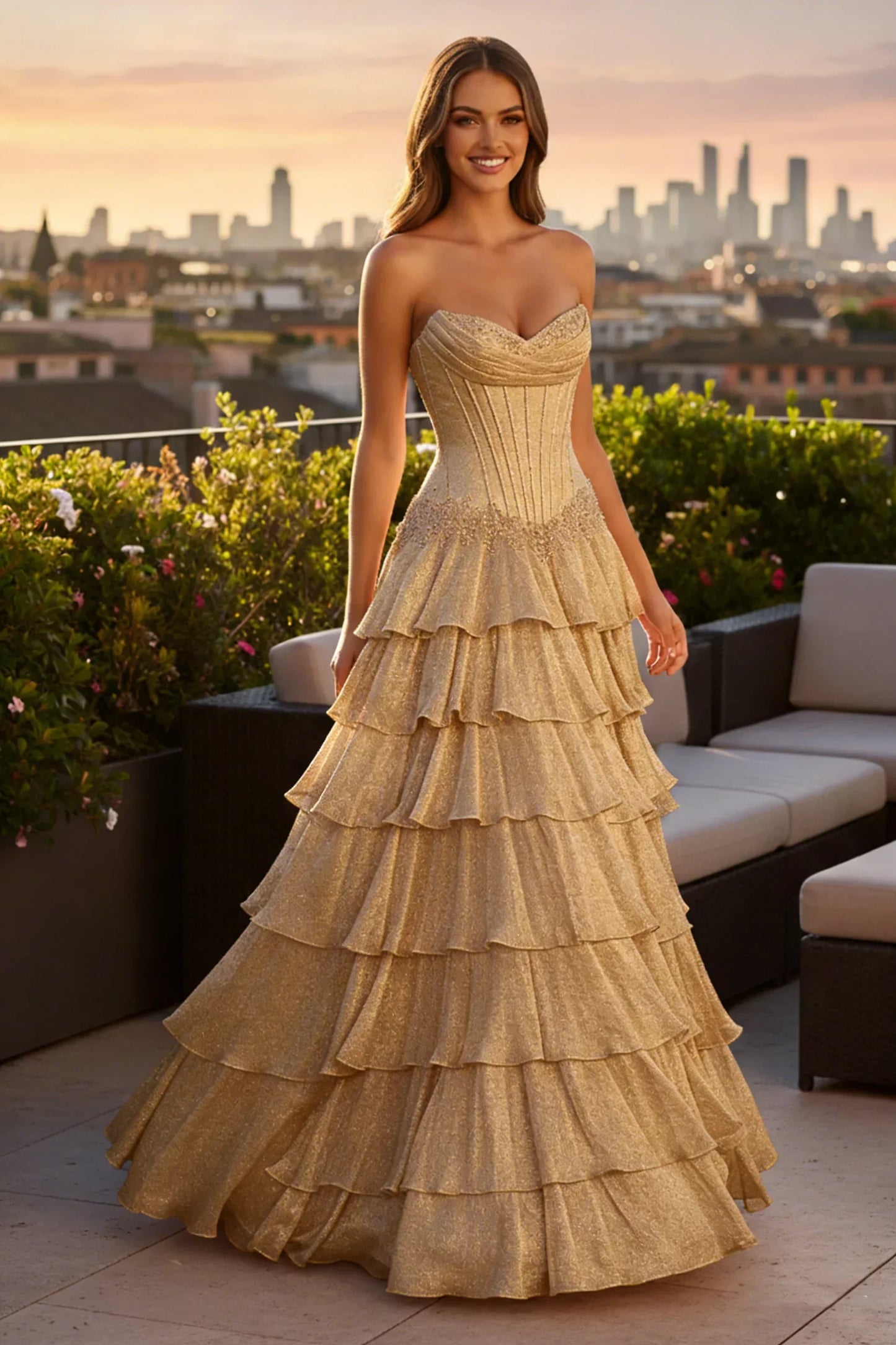 A Line Strapless Corset Ruffled Tulle Prom Dress | Sevoba
