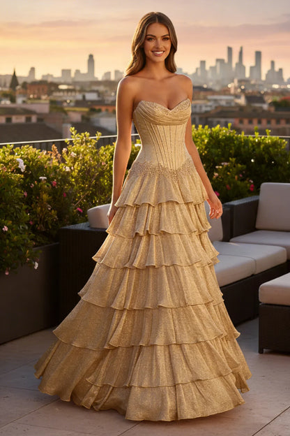 A Line Strapless Corset Ruffled Tulle Prom Dress | Sevoba