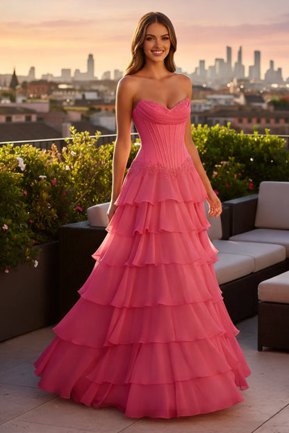 A Line Strapless Corset Ruffled Tulle Prom Dress | Sevoba