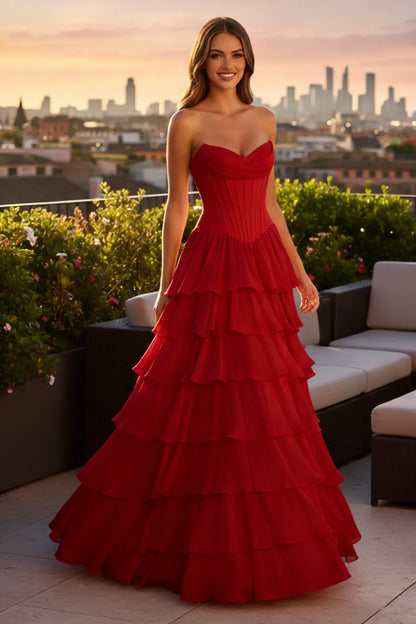 A Line Strapless Corset Ruffled Tulle Prom Dress | Sevoba