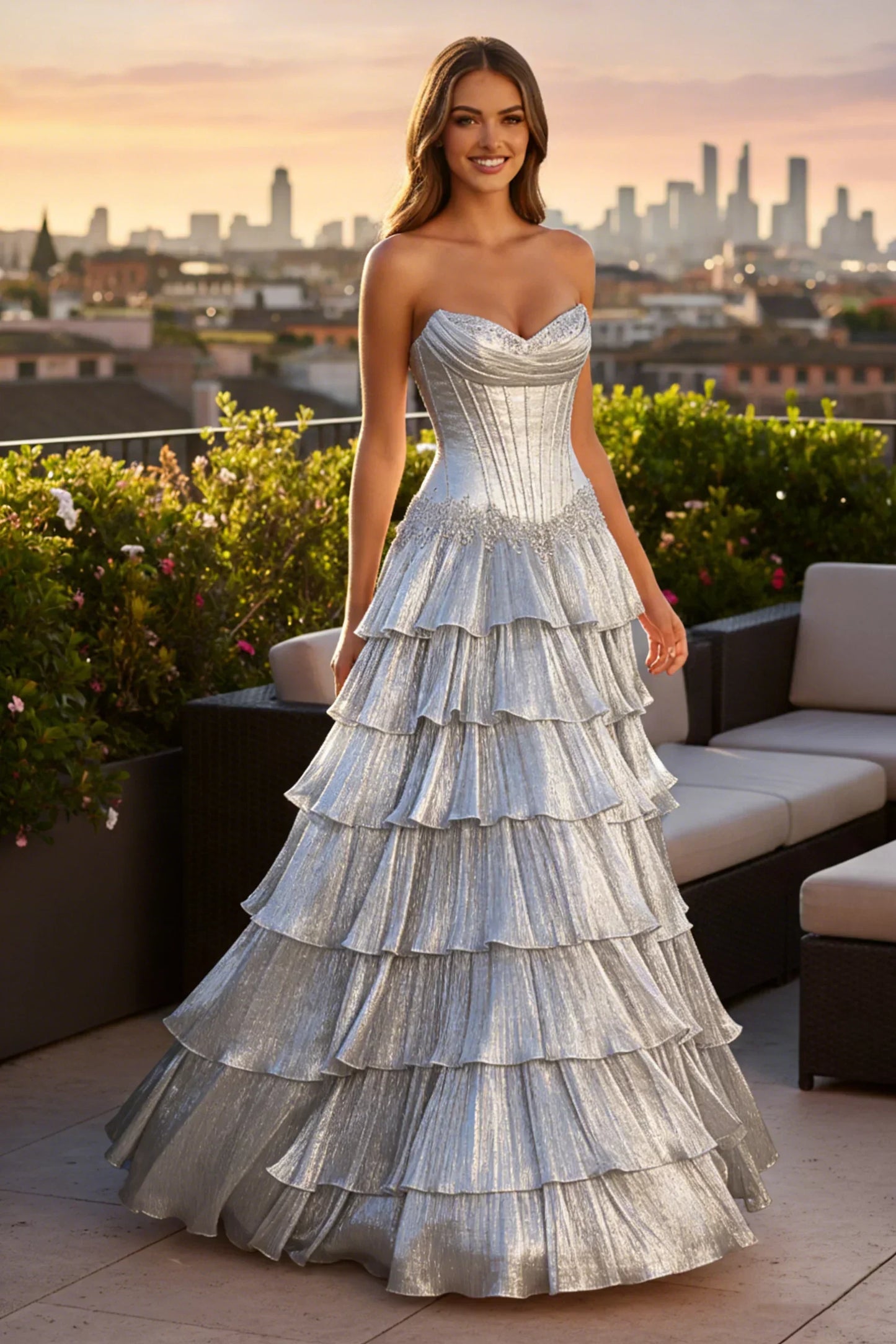 A Line Strapless Corset Ruffled Tulle Prom Dress | Sevoba