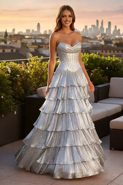 A Line Strapless Corset Ruffled Tulle Prom Dress | Sevoba