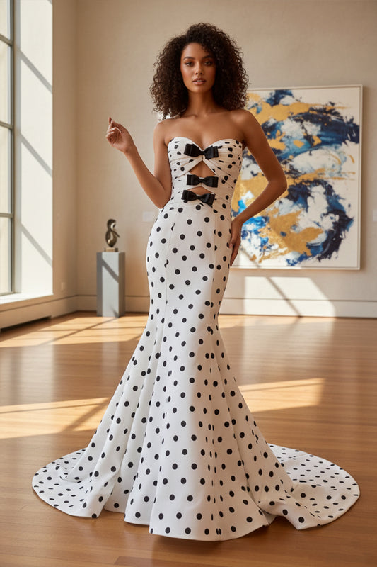 Mermaid Strapless Keyhole Bow Polka Dot Corset Long Prom Dress |  Sevoba