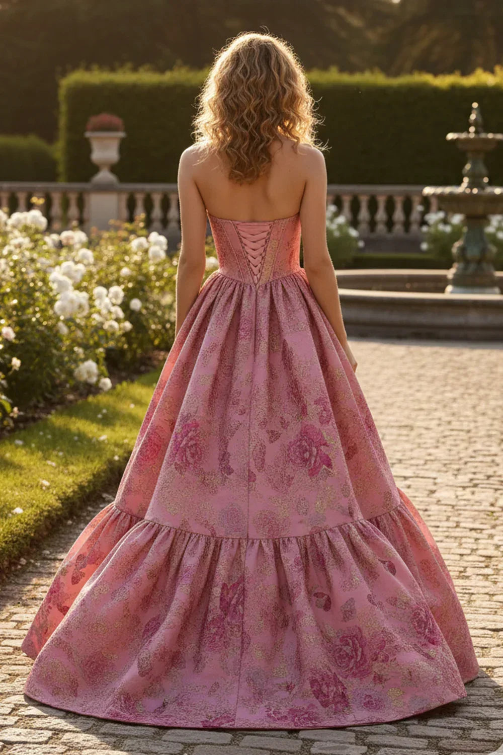A-line strapless pink prom dress with floral and butterfly patterns, outdoor garden setting