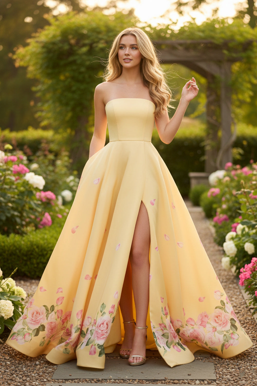 A Line Strapless Satin Prom Dress with Slit and Floral Print | Sevoba