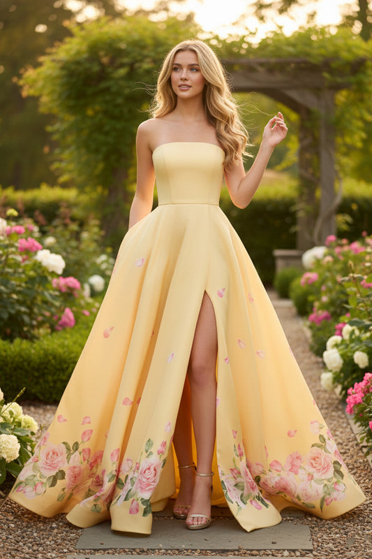 A Line Strapless Satin Prom Dress with Slit and Floral Print | Sevoba