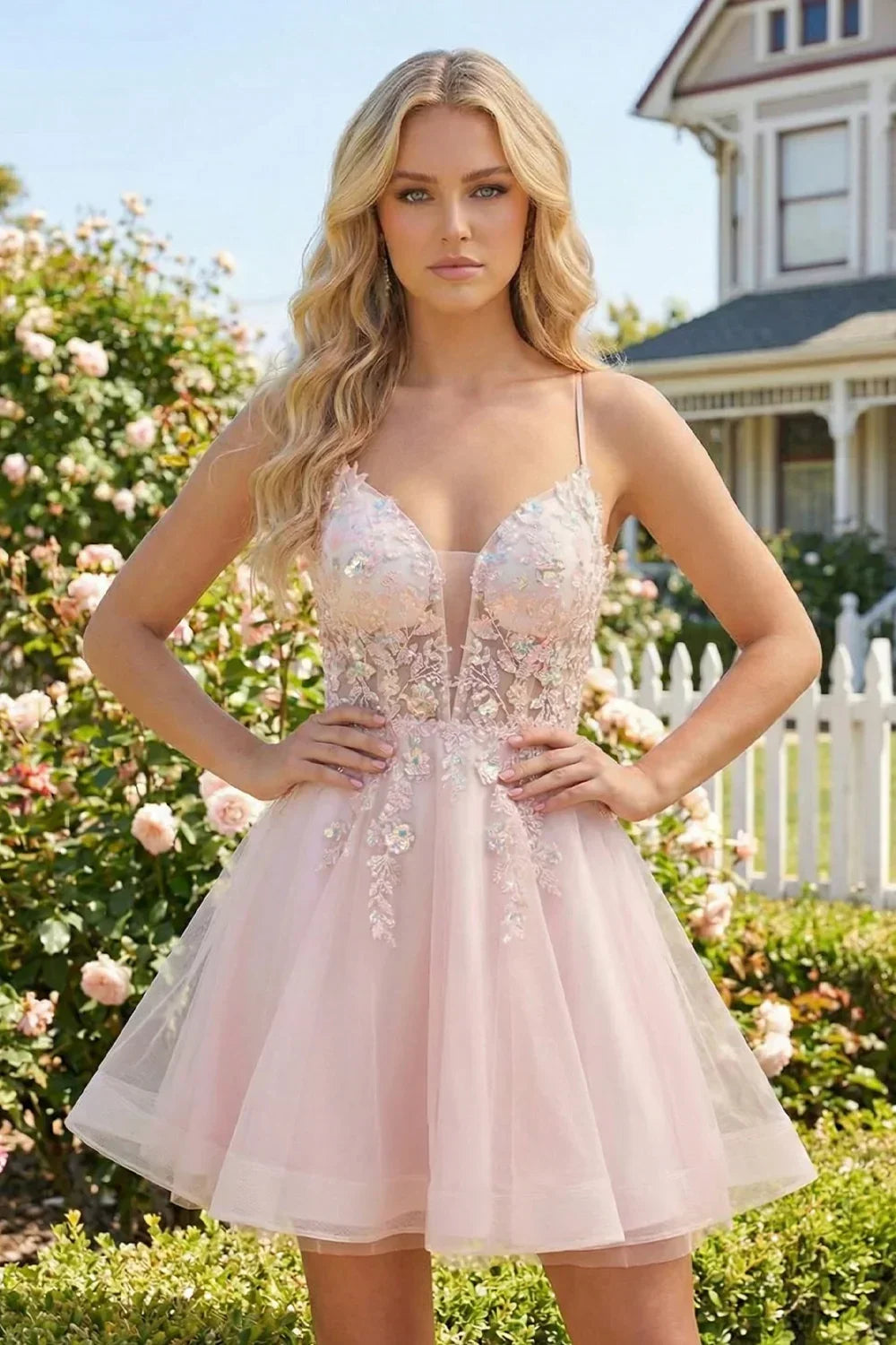 Woman wearing a pink A-line V-neck illusion homecoming dress with floral appliques outdoors